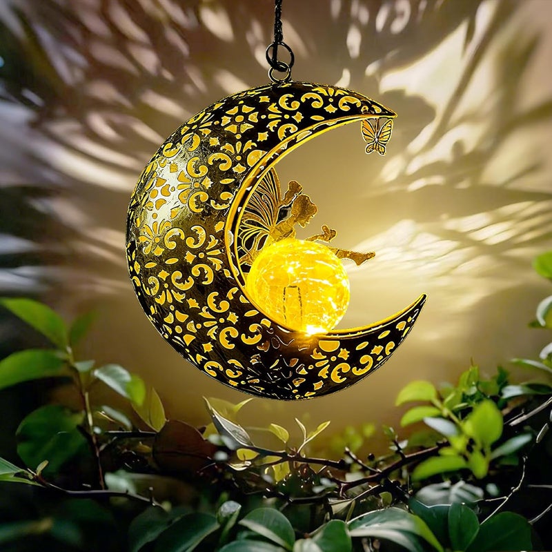 CF Solar Garden Fairy Statues Decor Hanging Lights,Outdoor Moon Decorations Metal Yard Art,Housewarming for Patio,Wall,Fences,Trail,Great Gift Idea for Gardening Mom and Grandma - Image 2